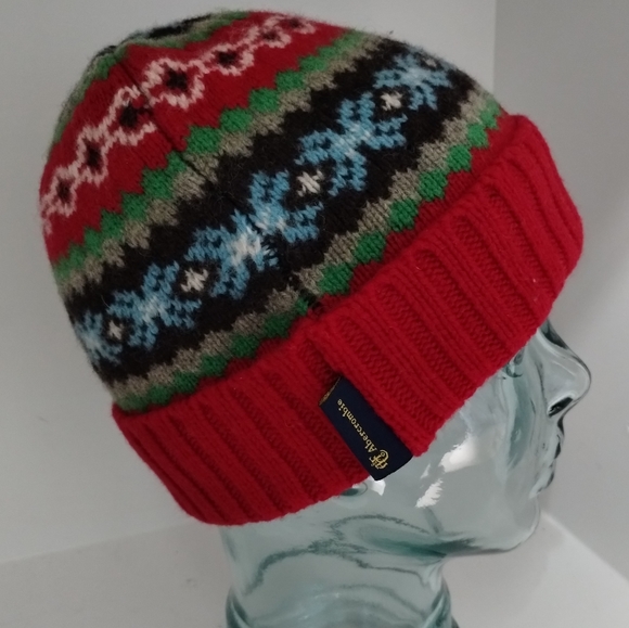 100% Lambs Wool Hat Beanie Fair Isle ABERCROMBIE Red - Picture 2 of 11